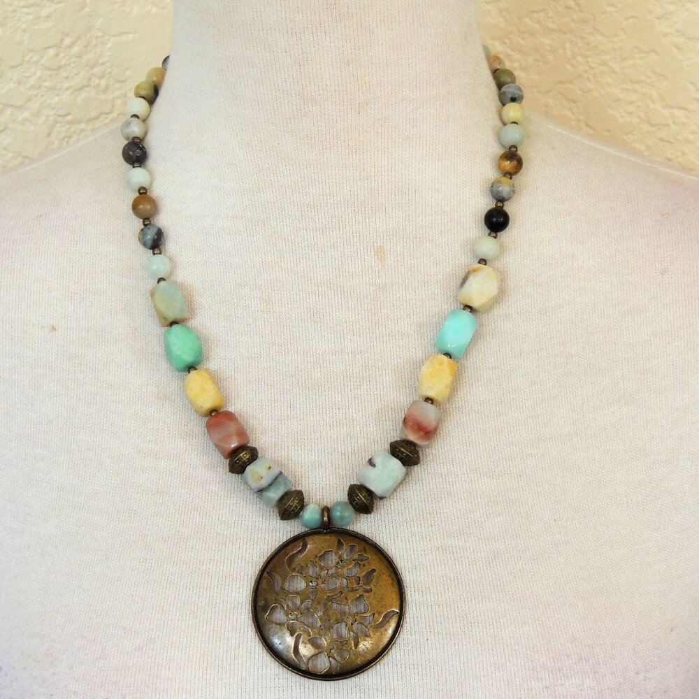 Mint Blue, Rust & Yellow Amazonite Pendant Statement Necklace